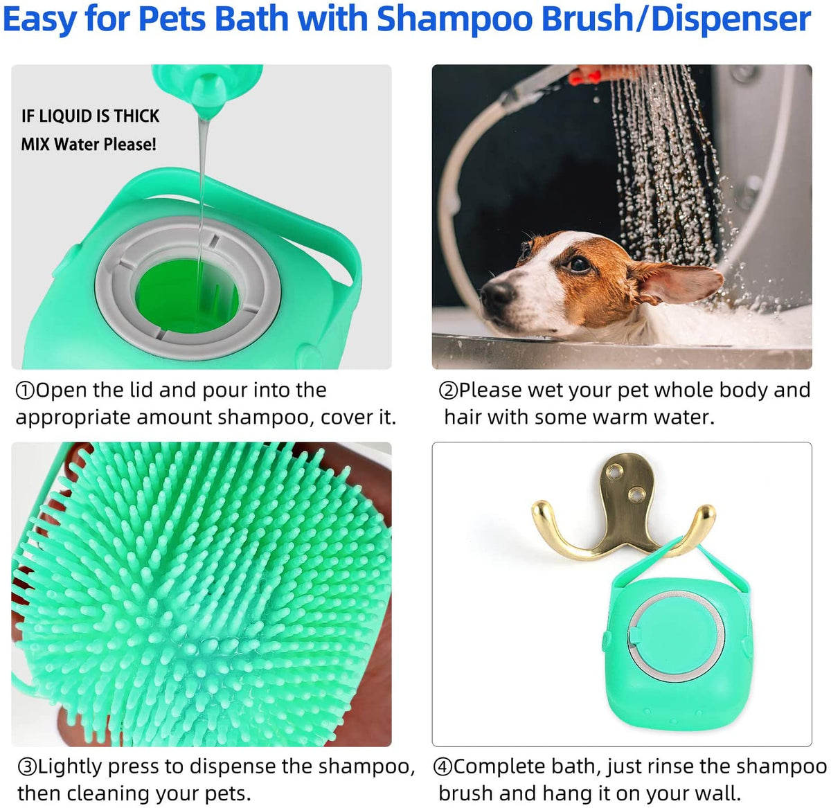 Hand squeezing the sides of a soft silicone pet washing brush to release rich soapy shampoo lather directly through the flexible bristles