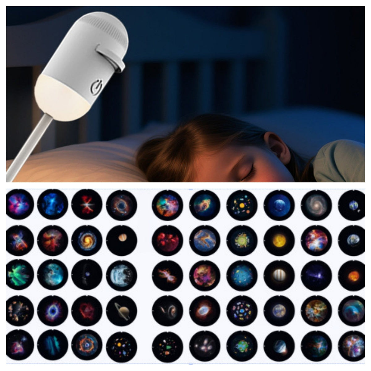 Portable USB powered celestial projector light stick next to interchangeable film cartridges