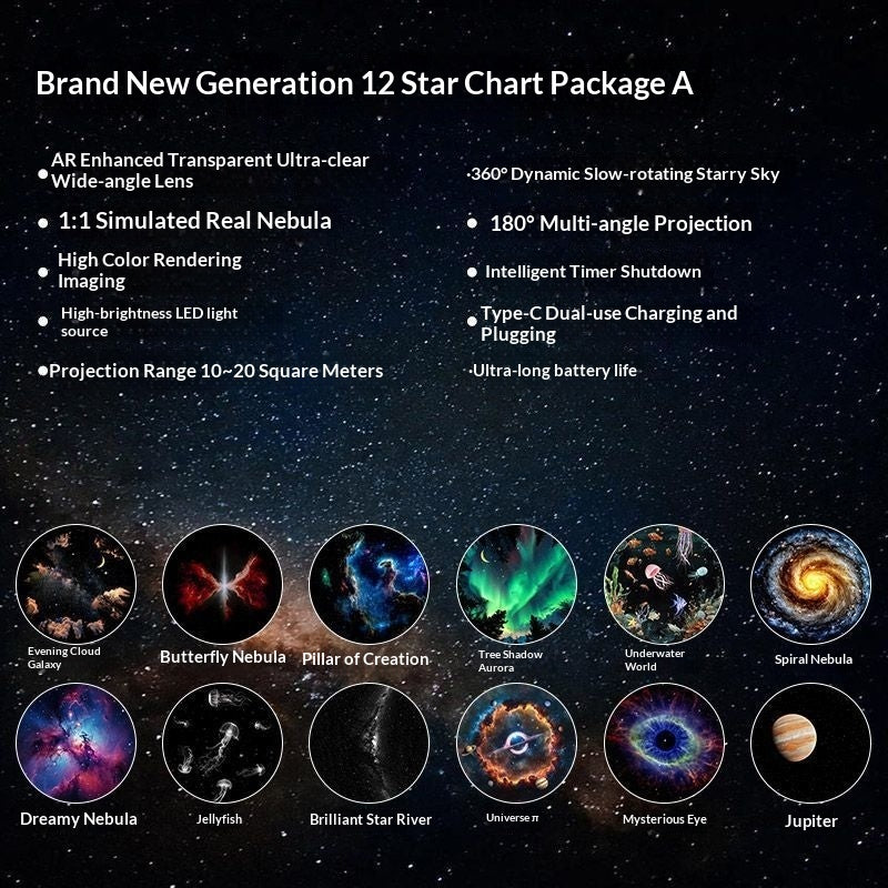 Portable USB powered celestial projector light stick next to interchangeable film cartridges