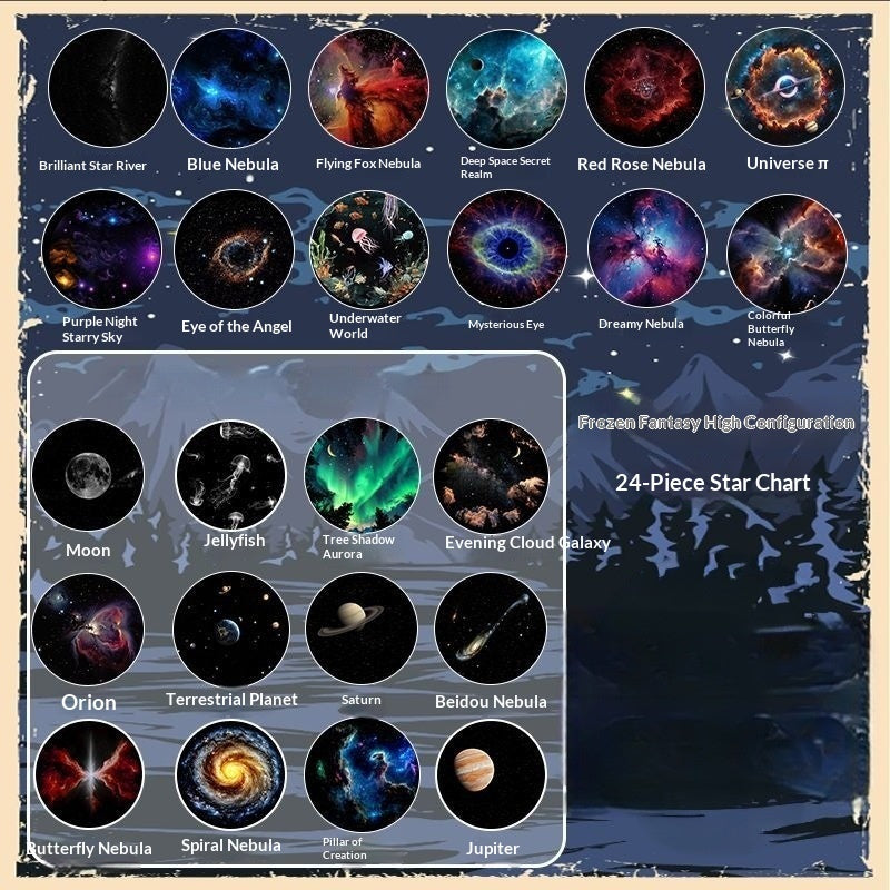 Portable USB powered celestial projector light stick next to interchangeable film cartridges