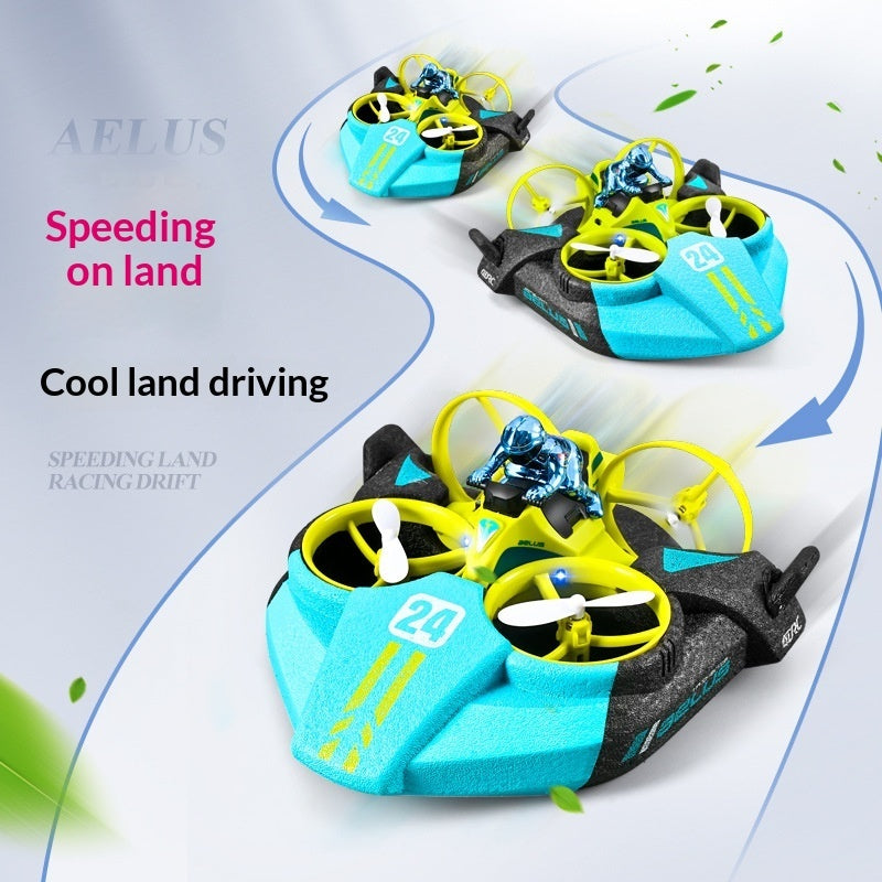 All terrain mini RC car drone drifting across hardwood floor indoor playroom setting.