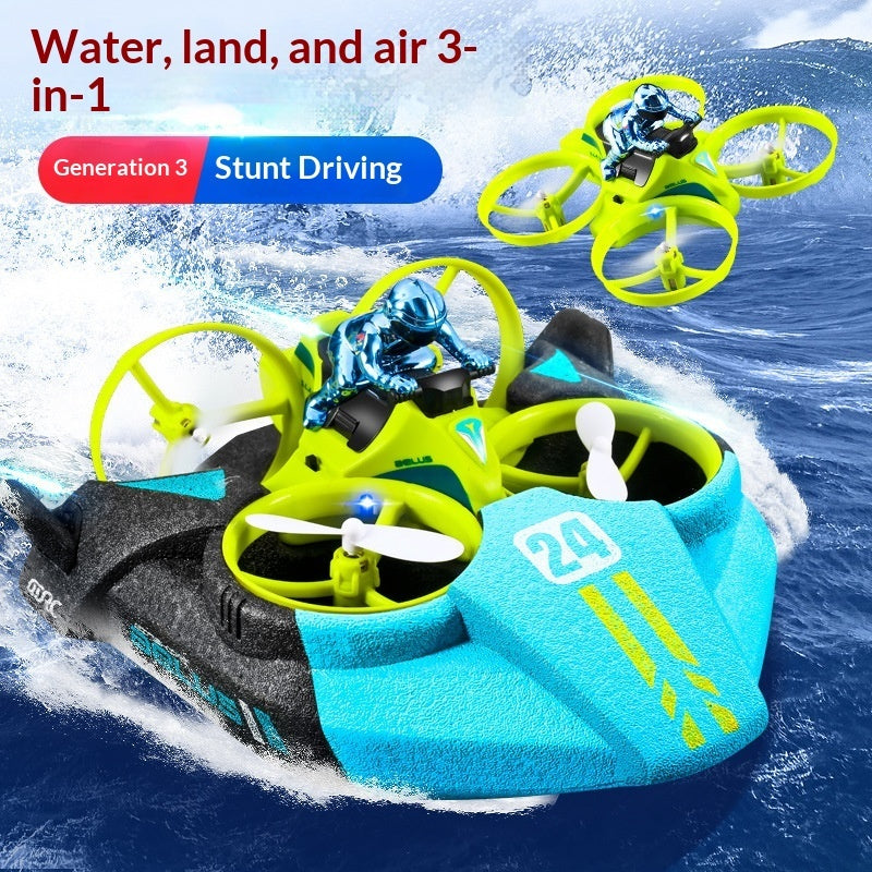 V24 3-in-1 amphibious remote control drone vehicle in blue and green colors showing waterproof sea land and air capabilities.